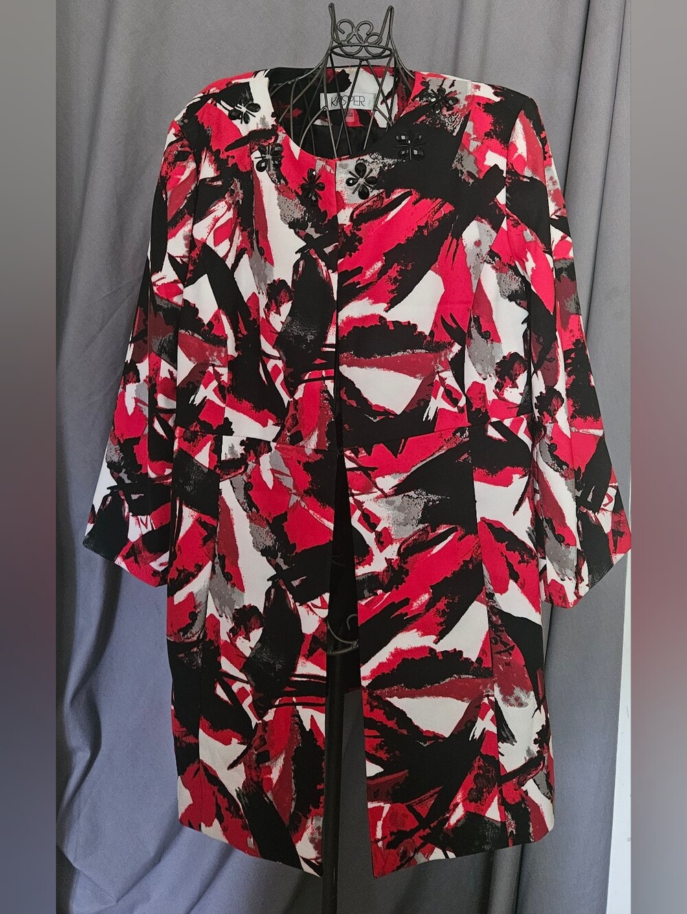 Kasper Red, Black & White Abstract Tunic Jacket